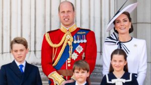 LONDON, ENGLAND - JUNE 15: Prince George of Wales, Prince William, Prince of Wales, Prince Louis of Wales, Princess Charlotte of Wales and Catherine, Princess of Wales during Trooping the Colour on June 15, 2024 in London, England. Trooping the Colour is a ceremonial parade celebrating the official birthday of the British Monarch. The event features over 1,400 soldiers and officers, accompanied by 200 horses. More than 400 musicians from ten different bands and Corps of Drums march and perform in perfect harmony. (Photo by Samir Hussein/WireImage)