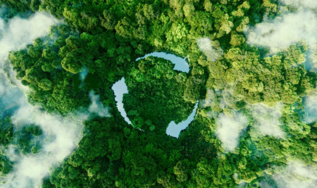 Abstract icon representing the ecological call to recycle and reuse in the form of a pond with a recycling symbol in the middle of a beautiful untouched jungle. 3d rendering.