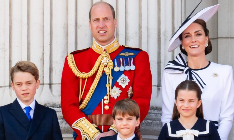 LONDON, ENGLAND - JUNE 15: Prince George of Wales, Prince William, Prince of Wales, Prince Louis of Wales, Princess Charlotte of Wales and Catherine, Princess of Wales during Trooping the Colour on June 15, 2024 in London, England. Trooping the Colour is a ceremonial parade celebrating the official birthday of the British Monarch. The event features over 1,400 soldiers and officers, accompanied by 200 horses. More than 400 musicians from ten different bands and Corps of Drums march and perform in perfect harmony. (Photo by Samir Hussein/WireImage)