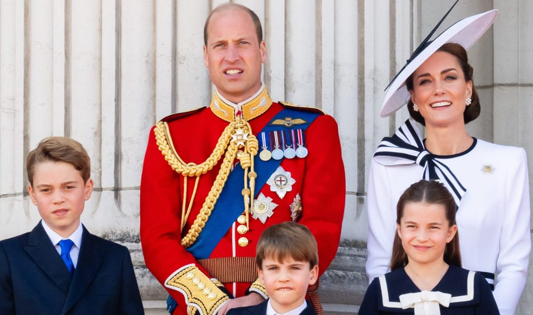 LONDON, ENGLAND - JUNE 15: Prince George of Wales, Prince William, Prince of Wales, Prince Louis of Wales, Princess Charlotte of Wales and Catherine, Princess of Wales during Trooping the Colour on June 15, 2024 in London, England. Trooping the Colour is a ceremonial parade celebrating the official birthday of the British Monarch. The event features over 1,400 soldiers and officers, accompanied by 200 horses. More than 400 musicians from ten different bands and Corps of Drums march and perform in perfect harmony. (Photo by Samir Hussein/WireImage)