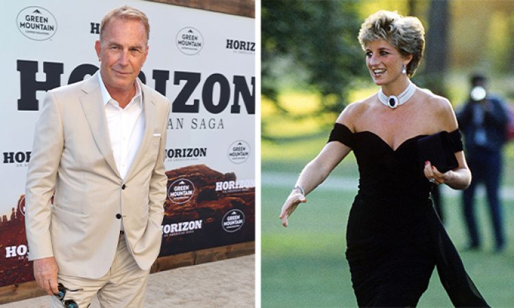 Kevin Costner posing at event and Princess Diana in a dress