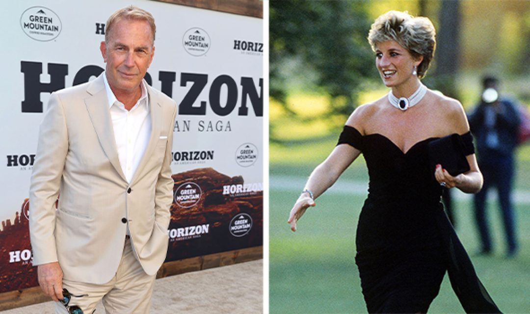 Kevin Costner posing at event and Princess Diana in a dress