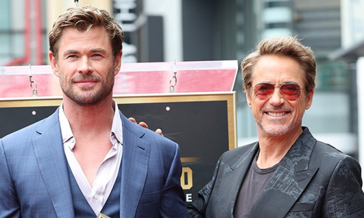 Chris Hemsworth and Robert Downey Jr. at the Hollywood Walk of Fame ceremony