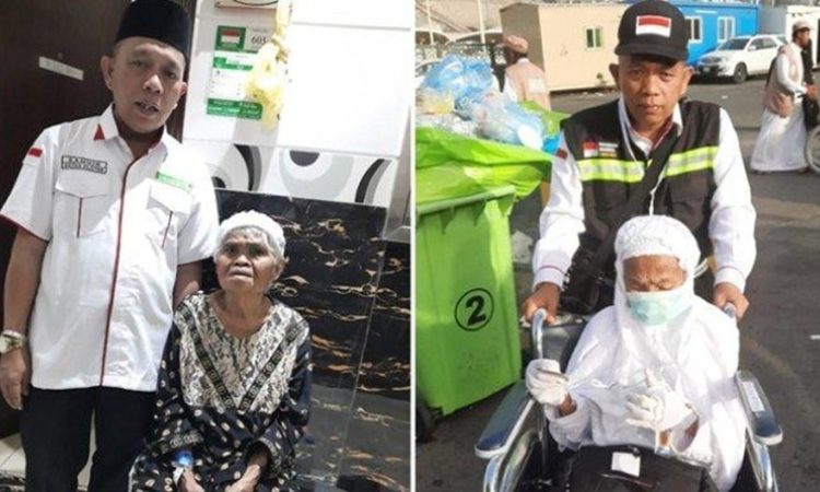Indo Hanna, jemaah asal Bone, Sulawesi Selatan bersama petugas di Hotel