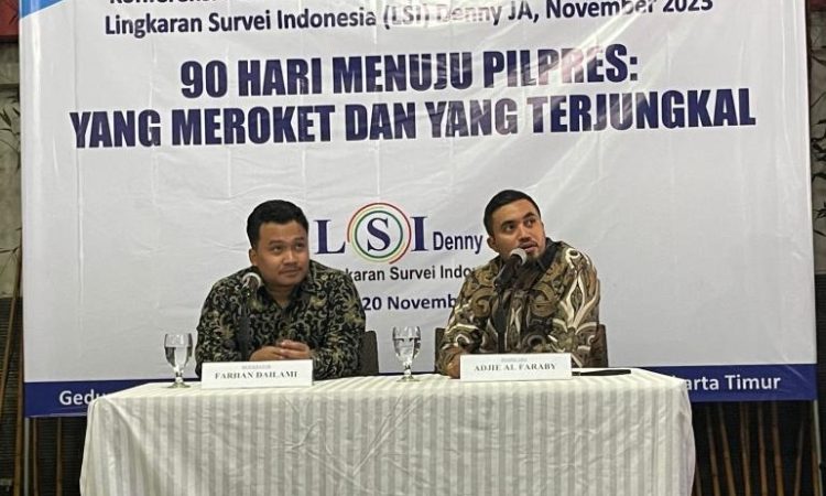 Peneliti Senior LSI Denny JA, Adjie Al Faraby saat konferensi pers hasil survei di Jakarta, Senin (20/11/2023). (Foto: Istimewa)