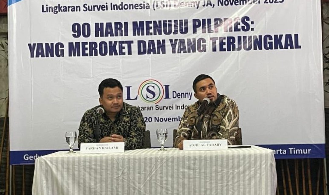 Peneliti Senior LSI Denny JA, Adjie Al Faraby saat konferensi pers hasil survei di Jakarta, Senin (20/11/2023). (Foto: Istimewa)