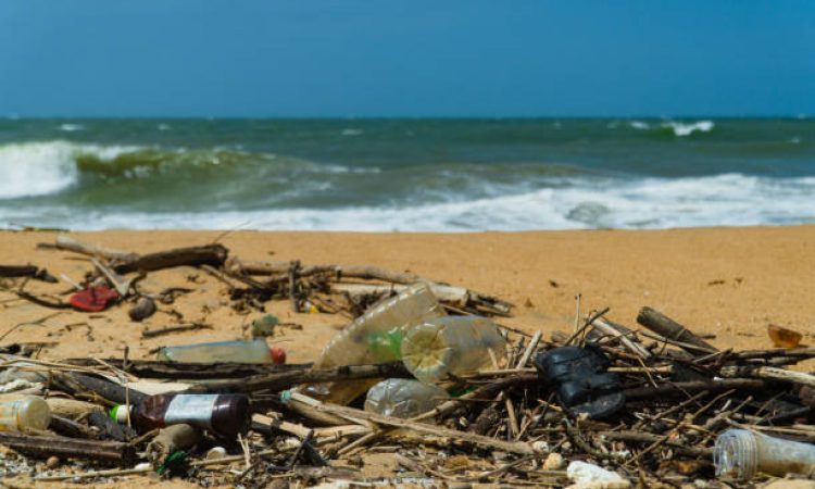 Discarded plastic debris trash pollution after sea swell storm, environmental nature waste. Negombo, Sri Lanka.