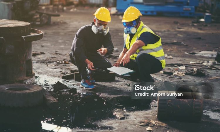 Chemical leak and safety first concept. Group of chemical specialist wear safety uniform, gas mask inspecting chemical leak in industry factory. Two scientists checking quality of liquid in plant