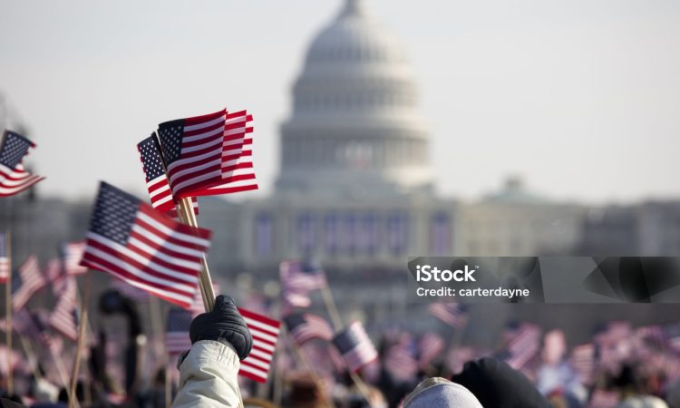 The inauguration of President Barack Obama, January 20th 2009.  Unrecognizable crowds in the Washington DC Mall.