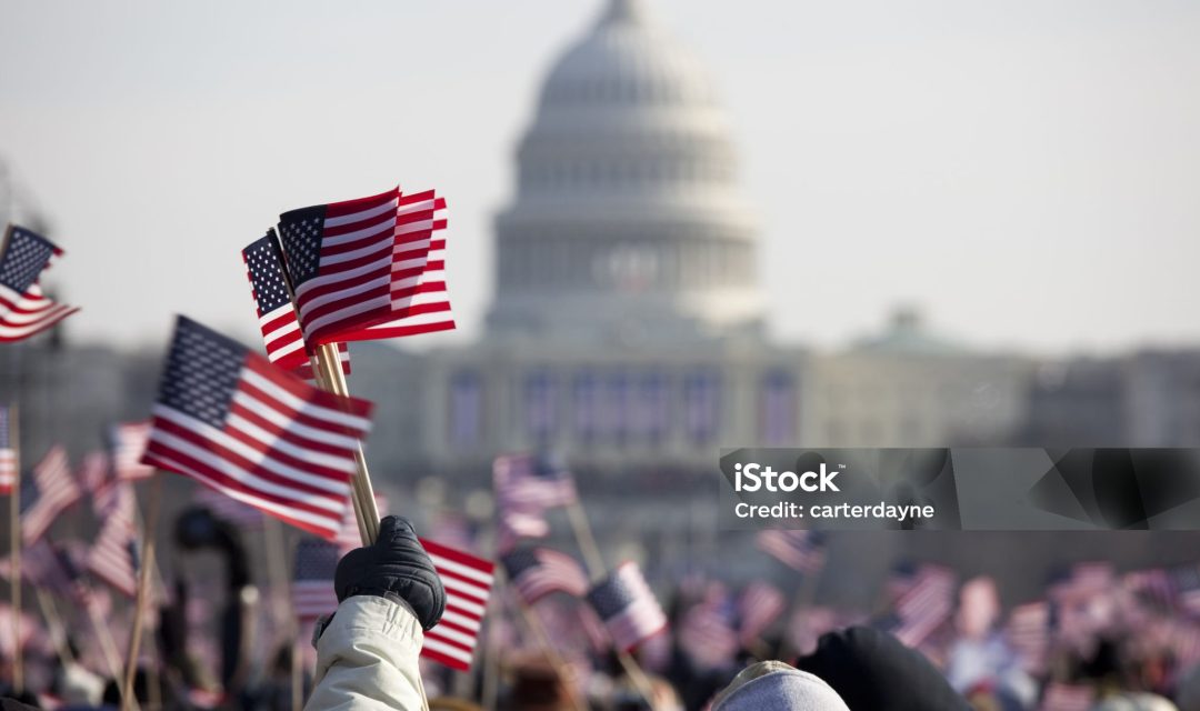 The inauguration of President Barack Obama, January 20th 2009.  Unrecognizable crowds in the Washington DC Mall.