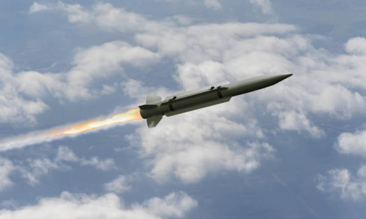 Anti-aircraft missile in the sky above the clouds, missile launch trace, 3d rendering. Concept: war in Ukraine, anti-aircraft defense by military complexes, military aid, protection of the sky.